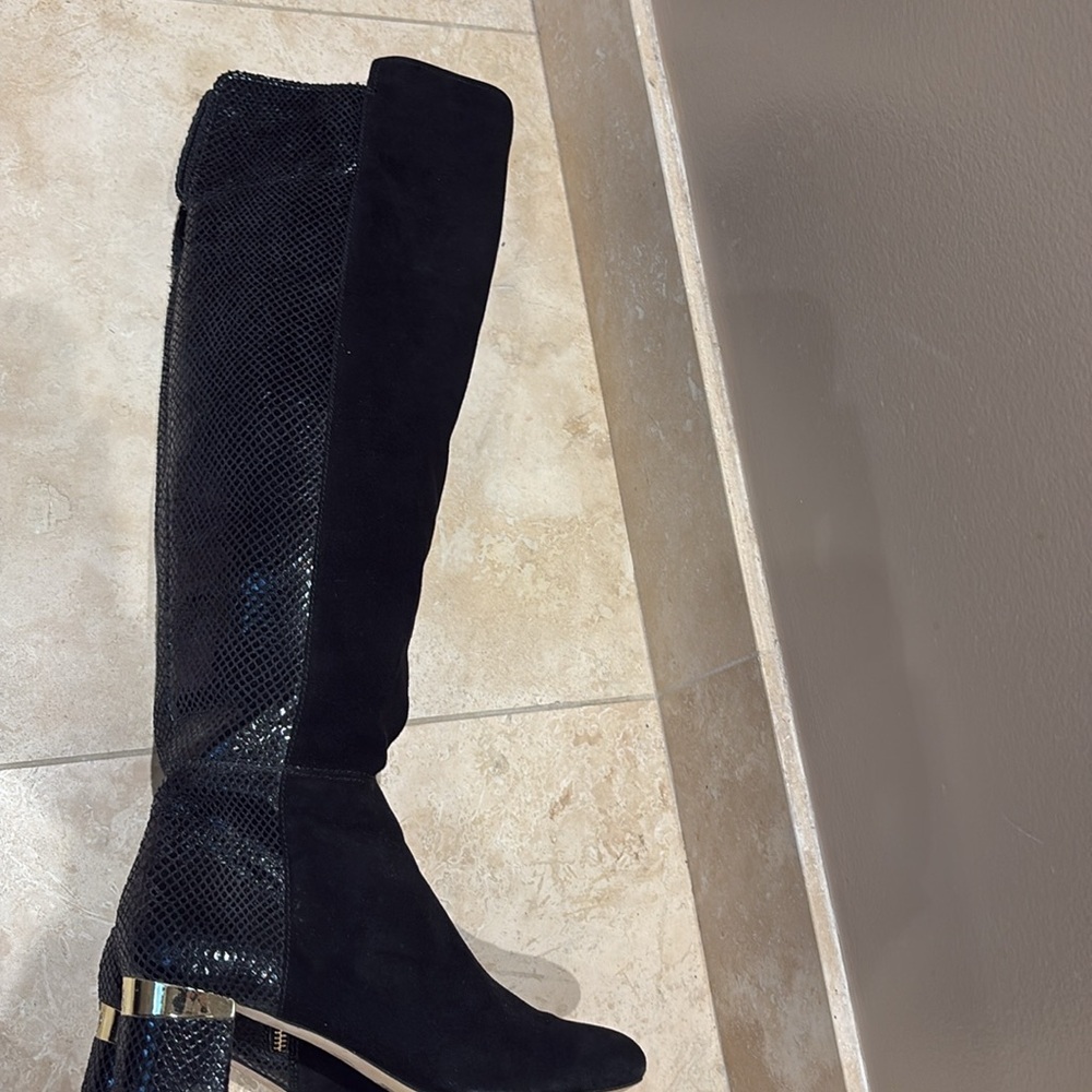 Michael Kors Black Over-the-Knee Suede & Snakeskin Boots with Gold Heel Accent